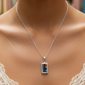 ✨️Signed Navajo! R Twinhorse! Sterling Silver Inlay Rectangular Pendant!